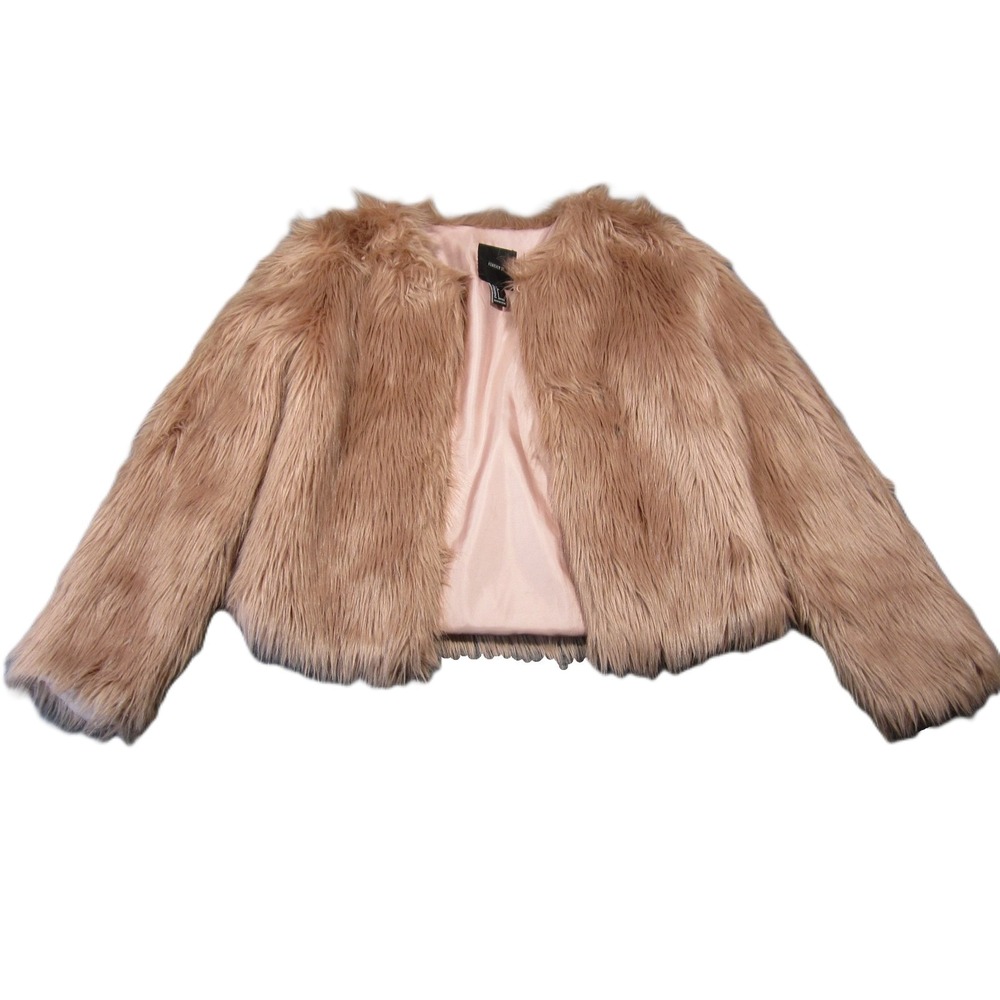 Forever 21 Faux‎ Fur Cropped Jacket S Tan Open Front Pink Lined Shaggy Y2k Glam